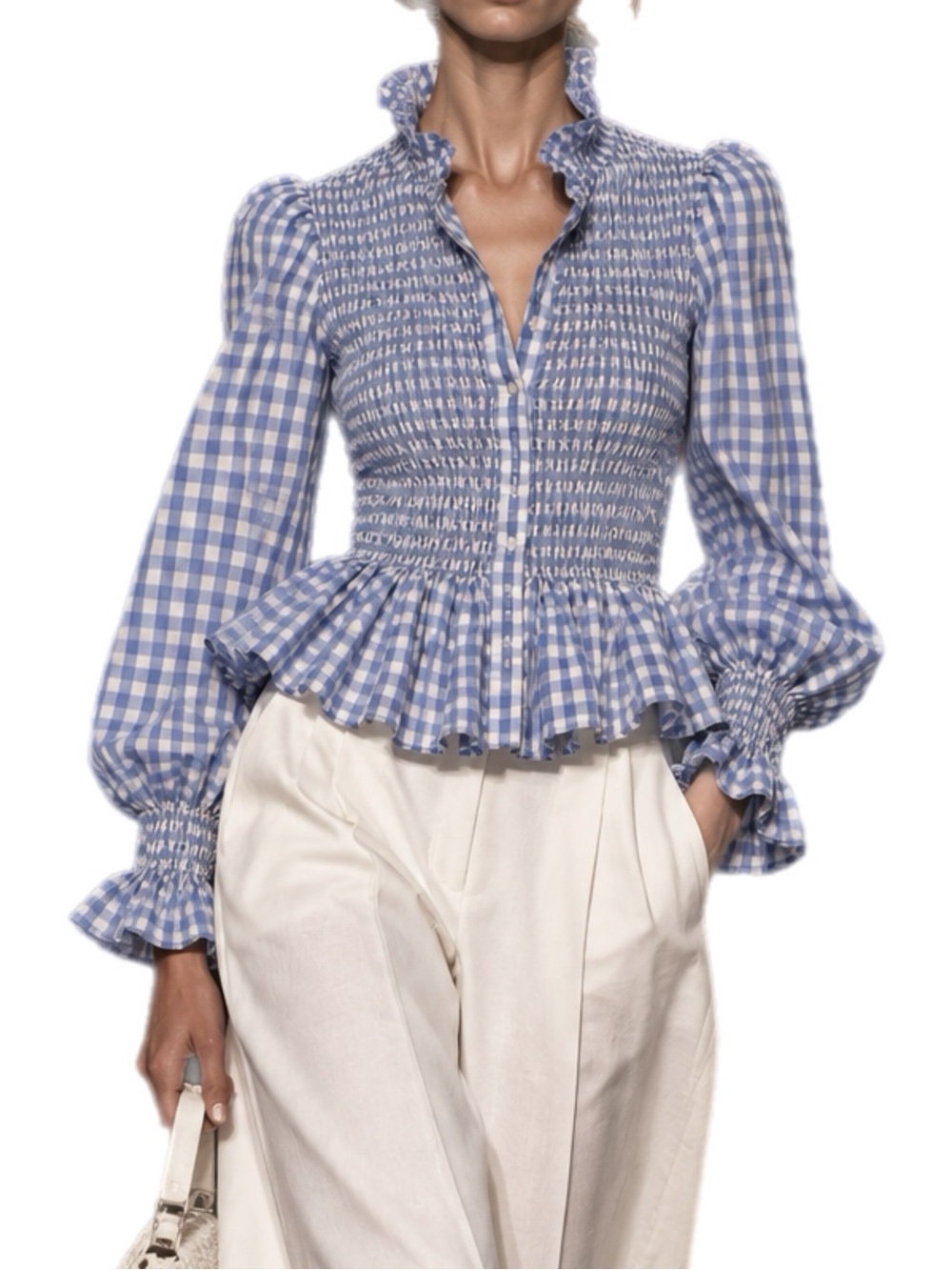 Smocked Gingham Peplum Blouse - Blue
